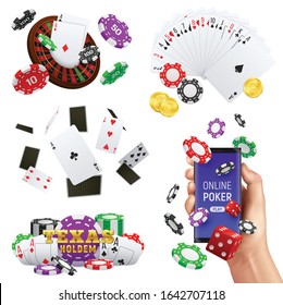 Casino club online realistic set with poker and roulette game wheel cards dice chips accessories vector illustration 