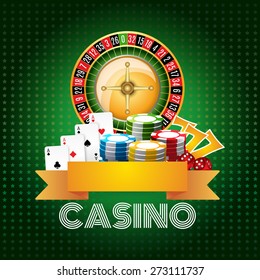 Casino club poster print with roulette aces set and chips on green background flat abstract vector illustration