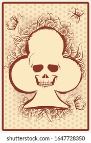 Casino clubs poker card with skull and flowers, vector illustration