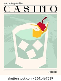 Casino cocktail. Vector illustration of classic alcoholic drink garnished with lemon and cherry. Poster with cocktail in old fashioned glass. Contemporary poster for bar, restaurants and menu.