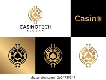 Vetor de logotipo de moeda de casino com ace e circuito de tecnologia