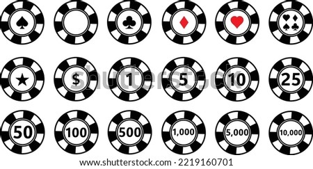 Casino coins chip set on white background. Poker Chips sign. The value 5,10,25,50,100,500,1000. flat style.