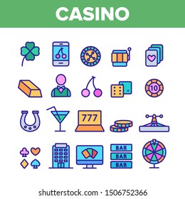 Casino Collection Play Elements Vector Icons Set Thin Line. Casino Chip And Cards, Smartphone and Laptop, Roulette And Dealer Concept Linear Pictograms. Color Contour Illustrations