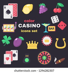 Casino color vector icons set. Flat design