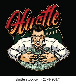 Casino colorful badge in vintage style with smiling rich man wearing gold watches ring chain and bracelet with dollar banknotes isolated vector illustration
