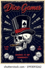 Casino colorful poster in vintage style with inscriptions dice skull smoking cigar in top hat with ace of spades playing card vector illustration