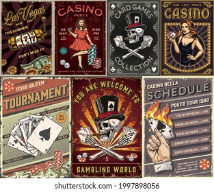 Casino colorful posters with pretty ladies in dresses slot machine dollar banknotes male hand holding burning ace of spades card gambler skull smoking cigar royal flush poker hand vector illustration