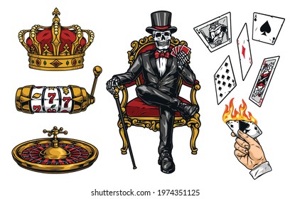 Casino colorful vintage concept with royal crown slot machine roulette wheel male hand holding burning ace of spades rich skeleton in tuxedo and top hat with poker cards isolated vector illustration