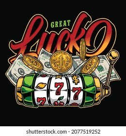 Casino colorful vintage logo with lettering gold coins one hundred US dollar banknotes and slot machine with lucky seven jackpot isolated vector illustration