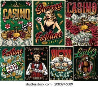 Casino colorful vintage posters with pretty poker lady slot machine croupier skeleton jack of clubs gold coins roses gambling chips rich gambler roulette wheel dollar banknotes vector illustration