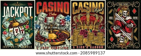 Casino colorful vintage posters with royal crown dollar banknotes gold coins roses roulette wheel slot machine gambling chips skeleton king of diamonds playing card vector illustration