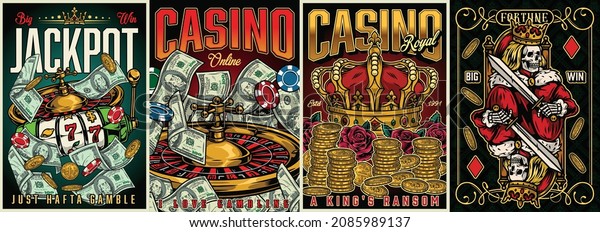 Casino\
colorful vintage posters with royal crown dollar banknotes gold\
coins roses roulette wheel slot machine gambling chips skeleton\
king of diamonds playing card vector\
illustration