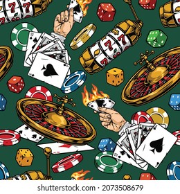 Casino colorful vintage seamless pattern with gambling chips dice roulette wheel slot machine royal flush of spades poker hand male hand holding burning playing card vector illustration