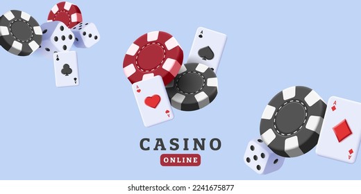 Casino composition with 3d render chips, dice anf aces cards, dynamicly flying in the air