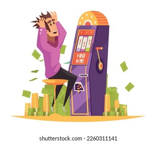 Casino composition with cartoon style human character playing slot machine on blank background vector illustration