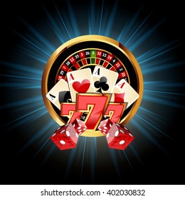 Casino  Composition with Roulette Wheel, Playing Cards ans Dice.  Gambling Vector Illustration. 