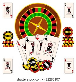 Casino composition with roulette wheel, playing cards and chips. Gambling vector illustration. Casino background. Made in flat style.