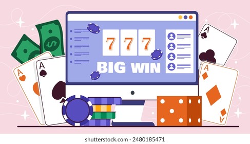 Casino at computer screen. PC with poker cards and dice at cube. Gambling and games for fortune and luck. Poster or banner for website. Big win in blackjack. Cartoon flat vector illustration