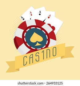 Casino concept with 3D chip and ace playing cards on vintage background.