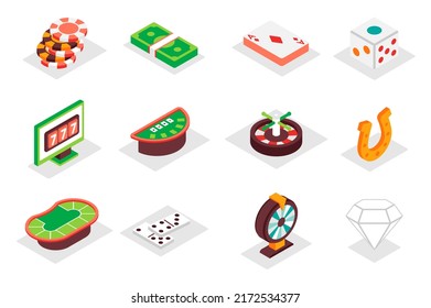 Casino concept 3d isometric icons set. Pack isometry elements of chips, money, cards, dice, roulette, luck, jackpot, poker table, domino, diamond and other. Vector illustration for modern web design