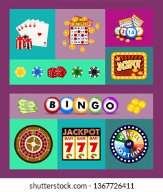 Casino concept banners, cards vector illustration. Includes roulette, casino chips, playing cards, winning jackpot. Sack of money, credit card, dice, golden coins. Slot machine.