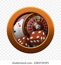 Casino concept. Brown frame with playing cards and roulette inside. Vector clipart.