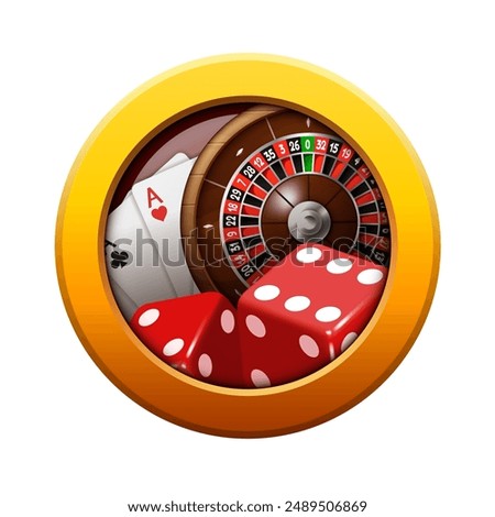 Casino concept. Brown frame with playing cards and roulette inside. Vector clipart.