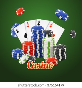 Casino Concept. Cards and Chips on Green. Vector illustration