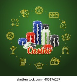 Casino Concept with Chips Stacks on Green background. Vector illustration