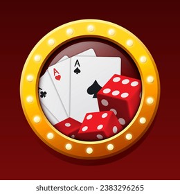Casino concept. Casino element in gold frame with light bulbs. Vector clipart.
