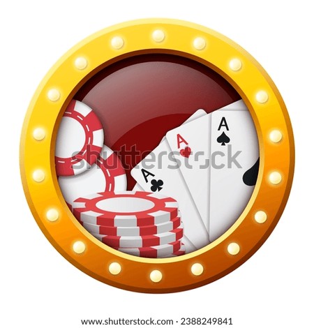 Casino concept. Casino element in gold frame with light bulbs. Vector clipart.