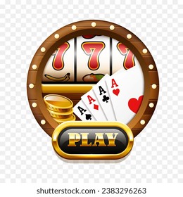 Casino concept. Casino elements in a wooden round frame with light bulbs. Vector clipart.