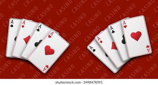 Casino concept. Fan of hand playing cards. Red playing table. Aces with the suit of hearts, clubs, diamonds and spades. Vetor illustration.