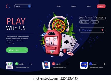 Casino concept in flat cartoon design for homepage layout. Online poker and gambling, slot machine jackpot winning, roulette, dices and card games. Vector illustration for landing page and web banner