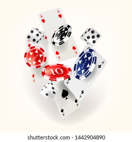 Casino Concept Floating Cards and Chips. Vector illustration