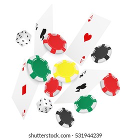 Casino Concept Floating Cards and Chips. Casino poker design template. Falling poker cards and chips game ucky background