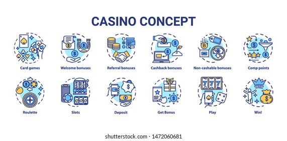 Casino concept icons set. Online games of chance and bonuses idea. Thin line illustrations. Slot machines, card games, roulette. Gambling. Vector isolated outline drawings pack. Editable stroke