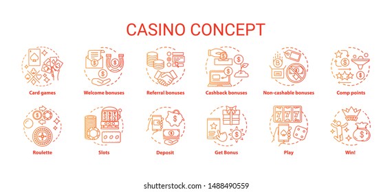 Casino concept icons set. Online games of chance and bonuses idea thin line illustrations. Slot machines, card games, roulette. Gambling. Vector isolated outline drawings pack