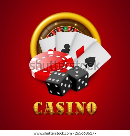 Casino concept illustration. Composition on the theme of casino and gambling. Vector clipart isolated on red background.