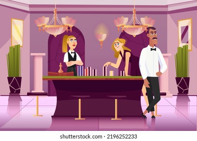 Casino concept with people scene in the background cartoon style. Woman came to play to gamble in a casino. Vector illustration.