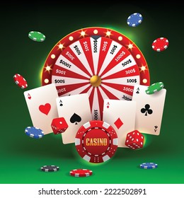 Casino concept with red wheel of fortune, playing cards, dices and flying chips on a green background. Win, fortune roulette. gamble, chance, leisure, lottery, luck. Vector illustration
