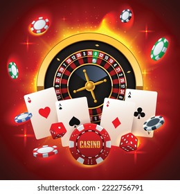 Casino concept with roulette wheel, playing cards, dices and flying chips on a red hot background. Win, fortune roulette. gamble, chance, leisure, lottery, luck. Vector illustration
