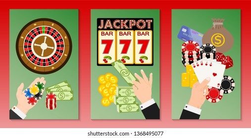 Casino concept set of banners vector illustration. Includes roulette, casino chips, playing cards, person holding cash and winning jackpot. Sack of money, credit card, dice.