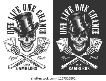 Casino concept with skull in cylinder hat. Vector illustration