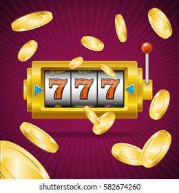 Casino Concept Slot Machine with One Arm Gambling and Golden Coin Falling. Vector illustration