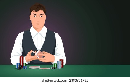 Casino croupier in formal uniform, blackjack dealer, green table, lucky betting. Stack of poker chips, playing cards. Serious employee. Dark background. Vector illustration