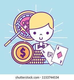 casino croupier male stack dollar coins cards and roulette