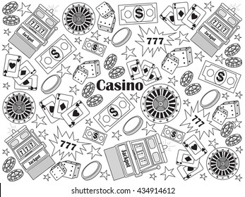 Casino design colorless set vector illustration. Coloring book. Black and white line art