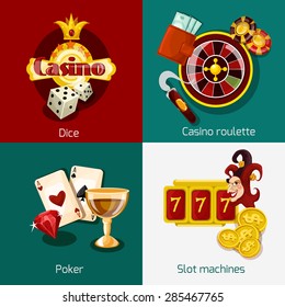 Casino design concept set with dice roulette poker slot machine icons isolated vector illustration