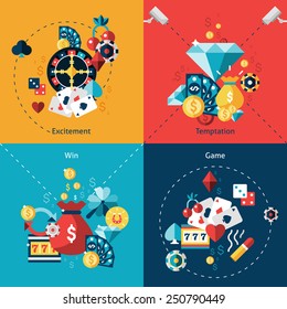 Casino design concept set with excitement temptation win game flat icons isolated vector illustration